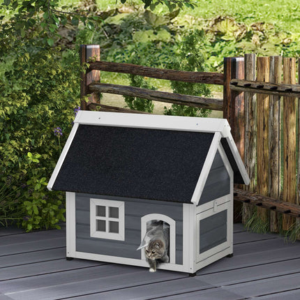 Katzenhaus aus Holz, wetterfest, aufklappbares Dach, grau