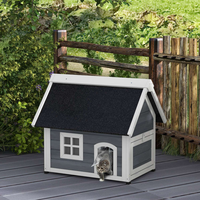 Katzenhaus aus Holz, wetterfest, aufklappbares Dach, grau