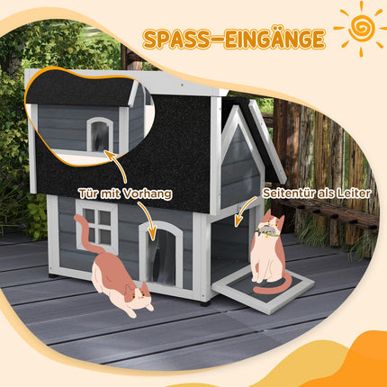 Katzenhaus aus Holz, wetterfest, aufklappbares Dach, grau