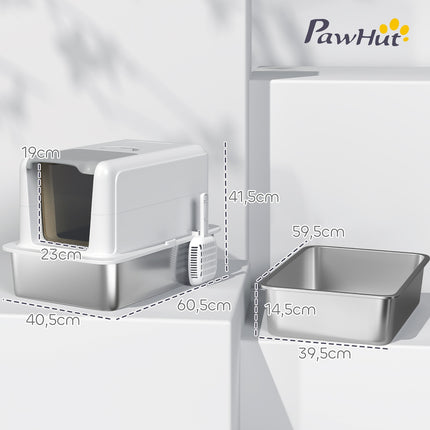 Cat litter with lid, stainless steel compartment, white