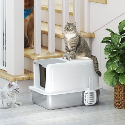 Cat litter with lid, stainless steel compartment, white