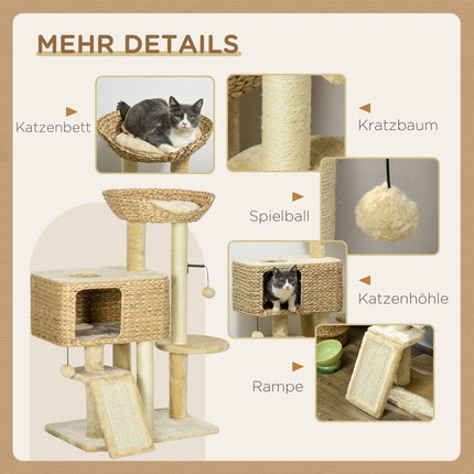 Kratzbaum 98cm mit Sisal, 2 Liegeflächen, Spielball, Beige