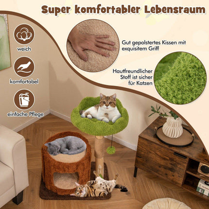 Cat scratching post cat tree with cat cave in tree hole shape brown + green 60 x 46 x 73 cm