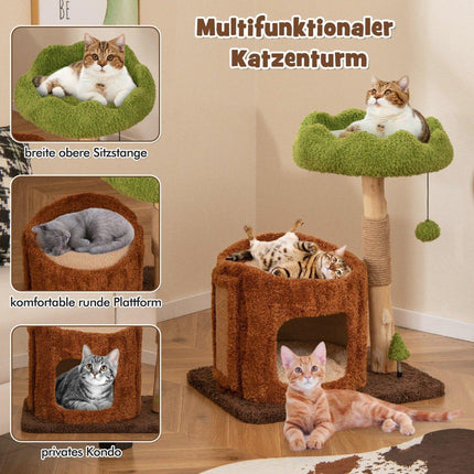 Cat scratching post cat tree with cat cave in tree hole shape brown + green 60 x 46 x 73 cm