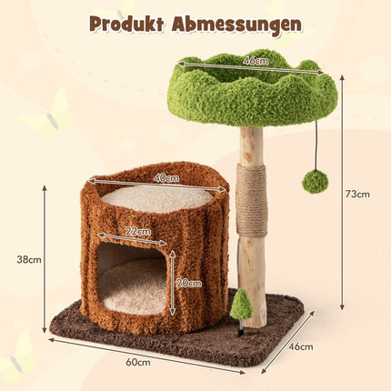 Cat scratching post cat tree with cat cave in tree hole shape brown + green 60 x 46 x 73 cm