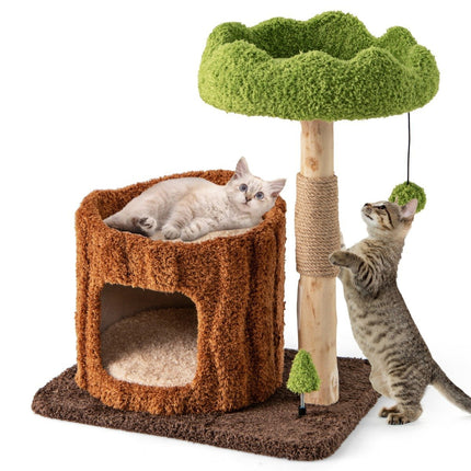 Cat scratching post cat tree with cat cave in tree hole shape brown + green 60 x 46 x 73 cm