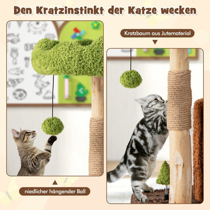 Cat scratching post cat tree with cat cave in tree hole shape brown + green 60 x 46 x 73 cm