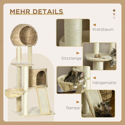 Katzenkratzbaum mit Rattanhaus und Hängematte, beige