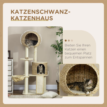 Katzenkratzbaum mit Rattanhaus und Hängematte, beige