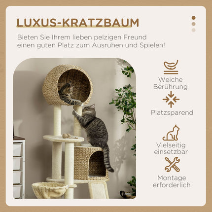 Katzenkratzbaum mit Rattanhaus und Hängematte, beige