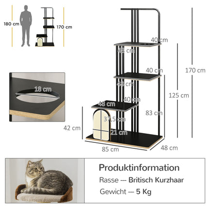 Cat tree 170cm, large black steel with cushions & platforms