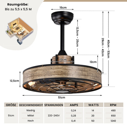Deckenventilator mit Licht, 50 cm, Fernbedienung und 4H-Timer