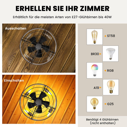 Deckenventilator mit Licht, 50 cm, Fernbedienung und 4H-Timer