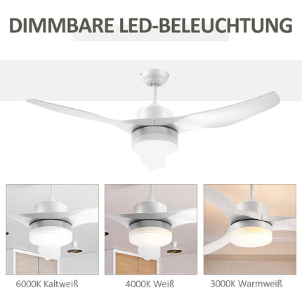 Ceiling fan with LED light and remote control, 6 speeds, white