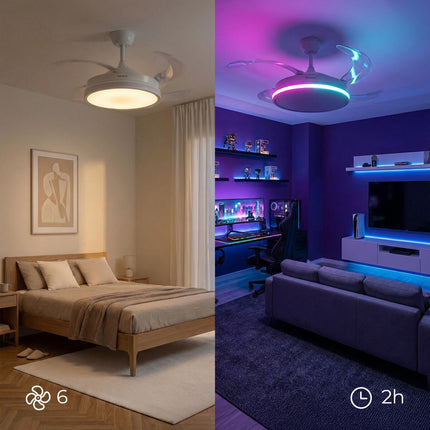 Ceiling Fan with RGB LED, Remote, Retractable Blades