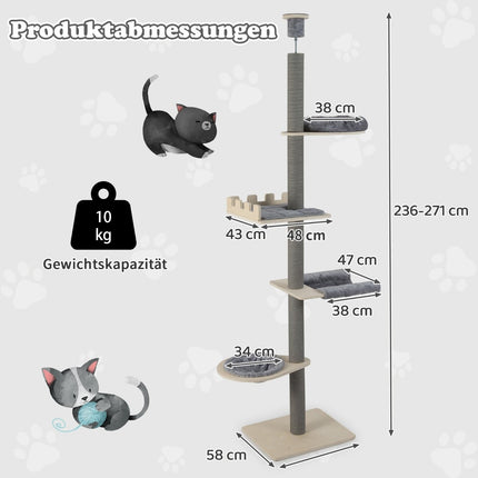 Ceiling-High Cat Tree, Adjustable 236-271 cm, Grey