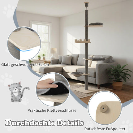 Ceiling-High Cat Tree, Adjustable 236-271 cm, Grey