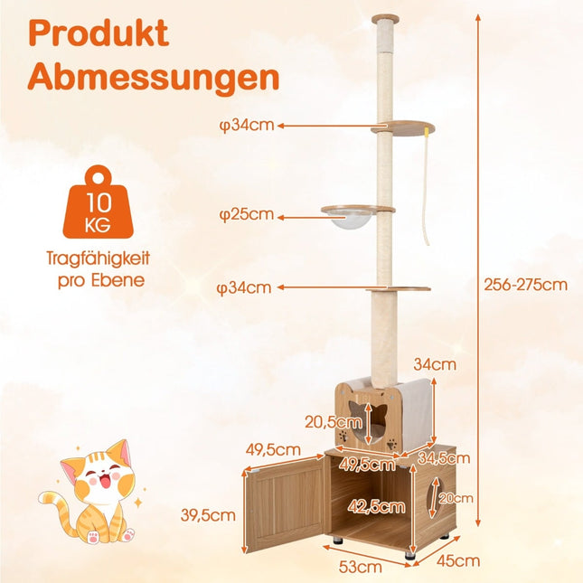 Deckenhoher Katzenkratzbaum mit verstellbarer Höhe & Katzentoilette