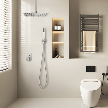 Ceiling-Mount Shower System, 12 in Square, Handheld, Brushed Nickel