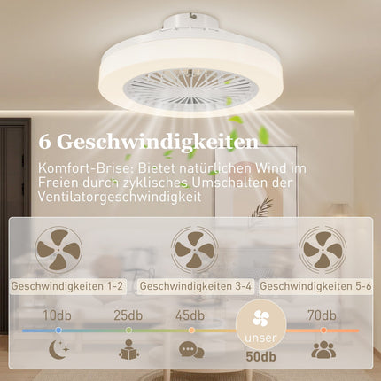 Ceiling fan with LED light, remote control, dimmable, 6 speeds