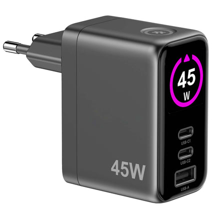 Celly 45W GaN Wall Charger with Display, PD/QC, 2x USB-C, USB-A, Black