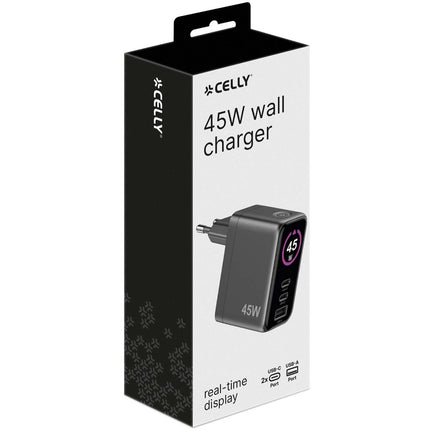 Celly 45W GaN Wall Charger with Display, PD/QC, 2x USB-C, USB-A, Black