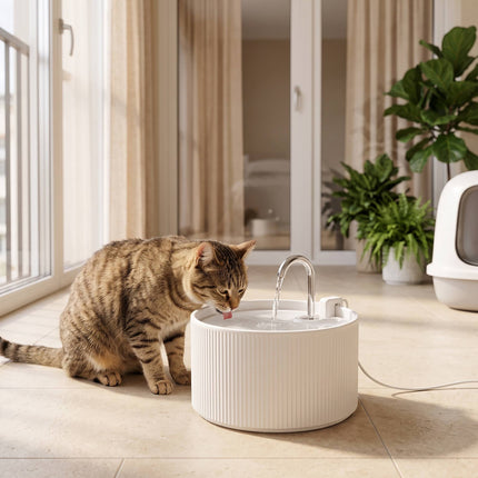 Ceramic Cat Water Fountain 2.2 L with 4-Stage Filtration, Quiet Pump, White