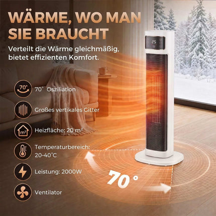 Ceramic Tower Fan Heater 2000 W with Remote and Thermostat, White, 4 Modes