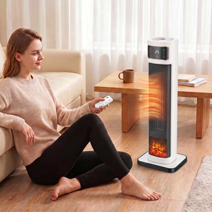 Ceramic Tower Fan Heater 2000 W with Remote and Thermostat, White, 4 Modes