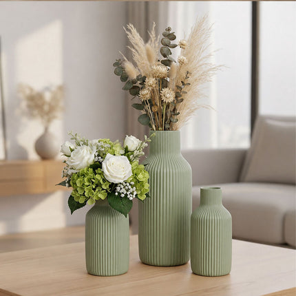 Ceramic Vase Set of 3 – Sage, Textured Scandinavian Design