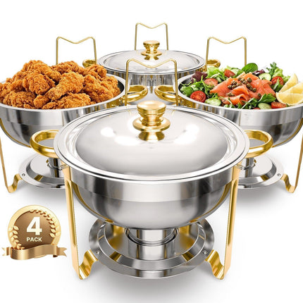 Chafing Dish Set, 4-Pack 5 Qt Stainless Steel, Round Gold
