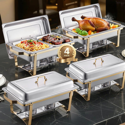 Chafing Dish Set, 4-Pack 8 Qt, Stainless Steel, Gold
