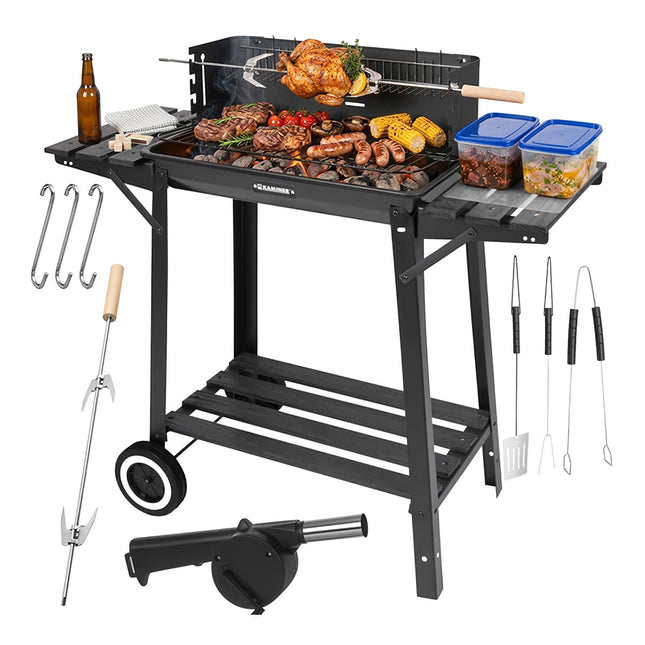 Holzkohle-Gartengrill mit Drehspieß, 93x41x86 cm