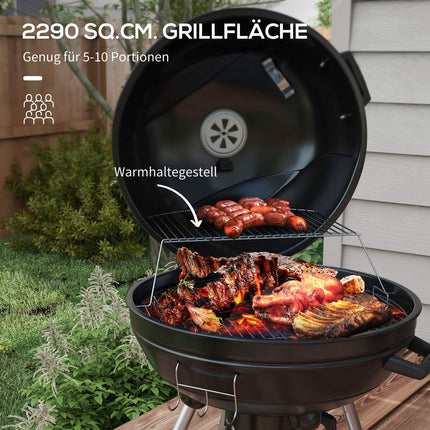 Holzkohlegrill mit Rädern, Ablage und Thermometer