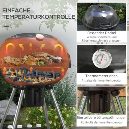 Holzkohlegrill mit Rädern, Ablage und Thermometer