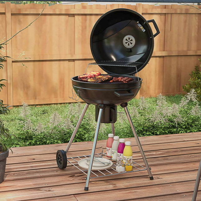 Holzkohlegrill mit Rädern, Ablage und Thermometer