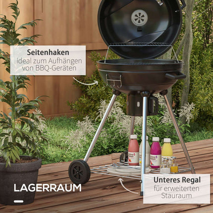 Holzkohlegrill mit Rädern, Ablage und Thermometer