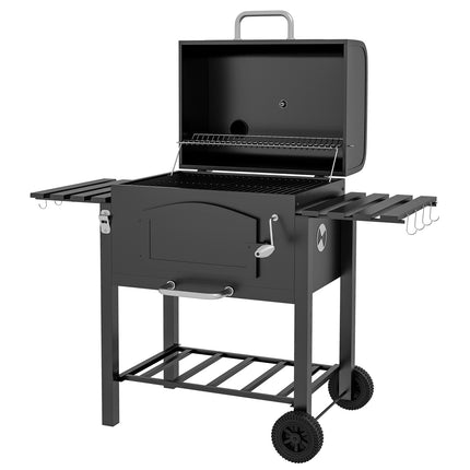 Holzkohlegrill mit Smoker, Warmhalterost, Rädern