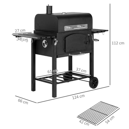 Holzkohlegrill mit Smoker, Warmhalterost, Rädern