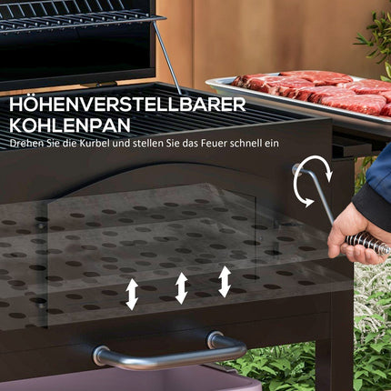 Holzkohlegrill mit Smoker, Warmhalterost, Rädern
