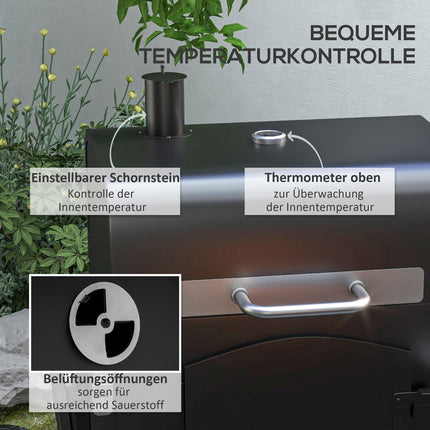 Holzkohlegrill mit Smoker, Warmhalterost, Rädern