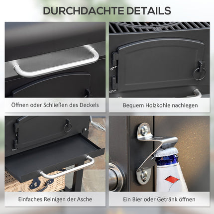 Holzkohlegrill mit Smoker, Warmhalterost, Rädern