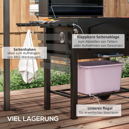 Holzkohlegrill mit Smoker, Warmhalterost, Rädern