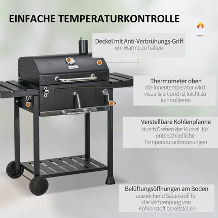 Barbecue de camping au charbon de bois avec deux grilles, tablette latérale rabattable, chariot avec étagère et poignée, acier inoxydable, noir