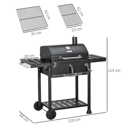 Barbecue de camping au charbon de bois avec deux grilles, tablette latérale rabattable, chariot avec étagère et poignée, acier inoxydable, noir
