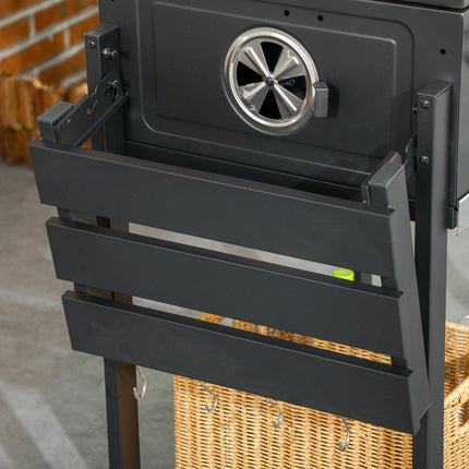 Barbecue de camping au charbon de bois avec deux grilles, tablette latérale rabattable, chariot avec étagère et poignée, acier inoxydable, noir