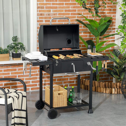 Barbecue de camping au charbon de bois avec deux grilles, tablette latérale rabattable, chariot avec étagère et poignée, acier inoxydable, noir