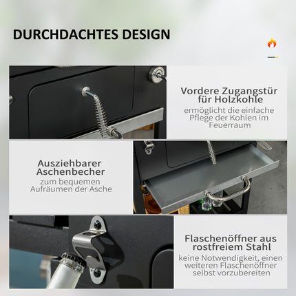 Barbecue de camping au charbon de bois avec deux grilles, tablette latérale rabattable, chariot avec étagère et poignée, acier inoxydable, noir