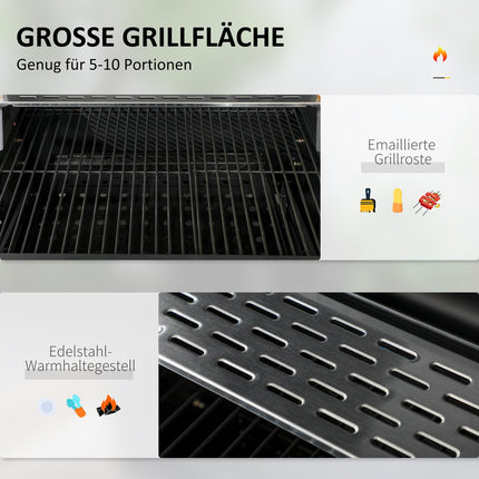 Barbecue de camping au charbon de bois avec deux grilles, tablette latérale rabattable, chariot avec étagère et poignée, acier inoxydable, noir