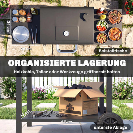 Holzkohlegrillwagen mit Seitenablagen und Thermometer